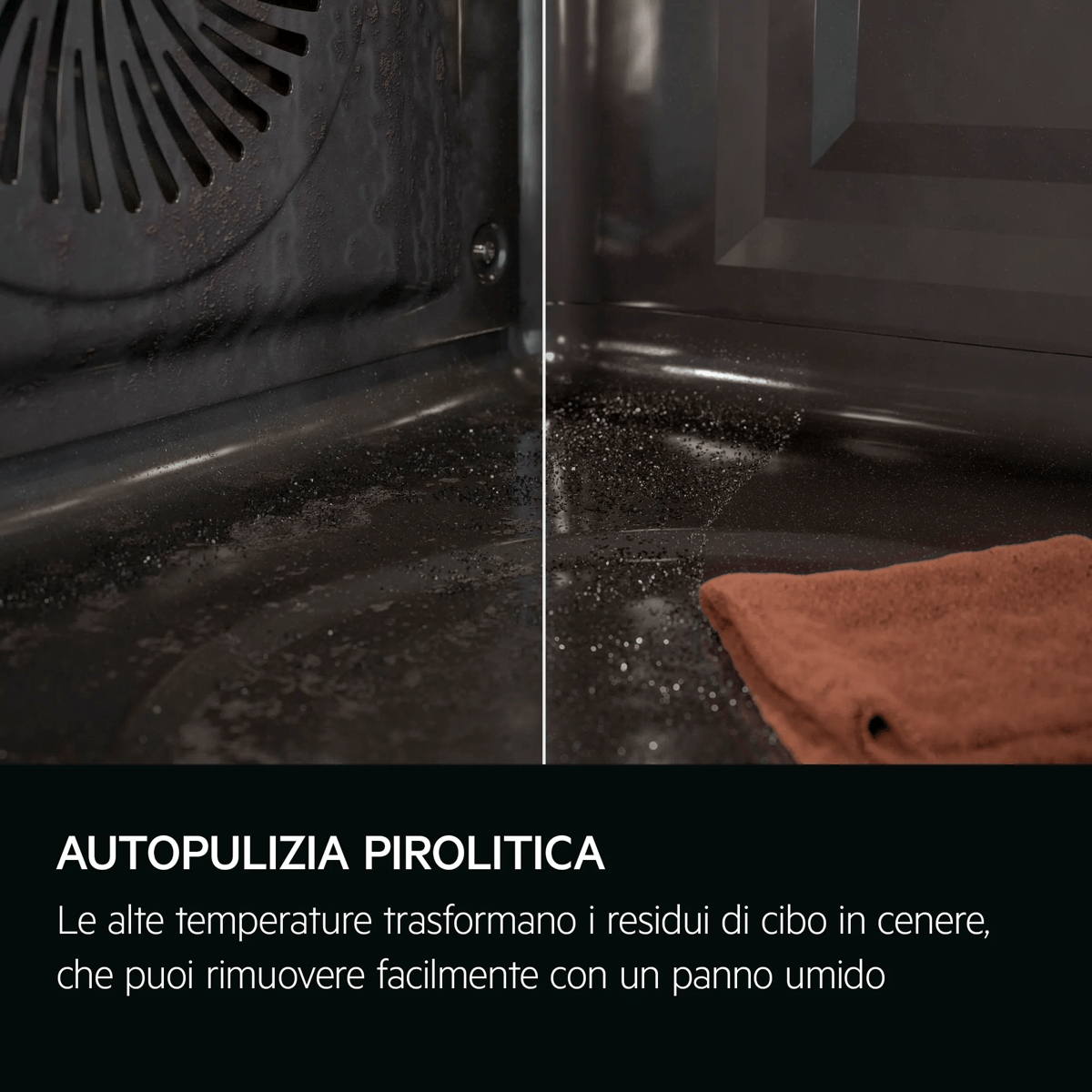 Confronto pulizia forno prima e dopo pirolisi con un panno.
