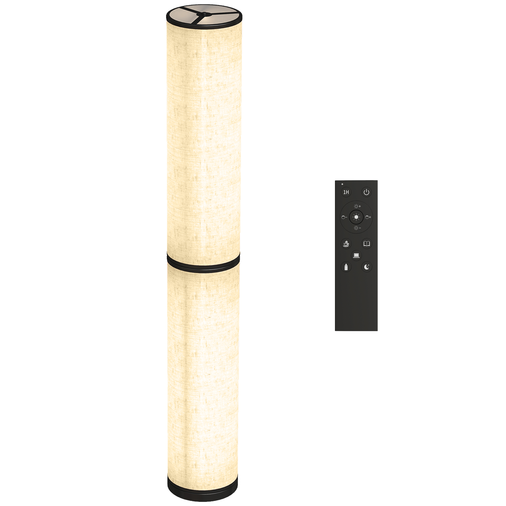 Una lampada da terra cilindrica in tessuto beige con bordo nero e un telecomando, su sfondo bianco.