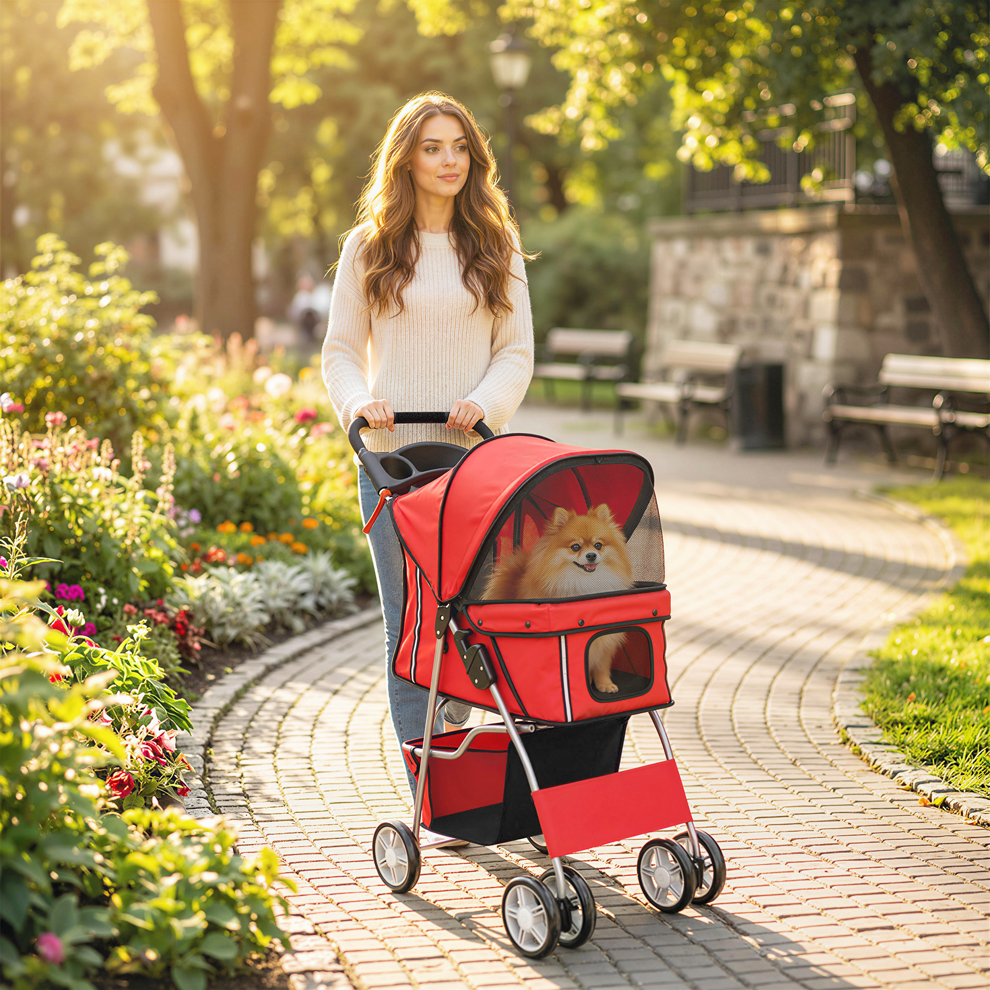 Una donna sorridente spinge un passeggino rosso per animali con un cane nel parco.