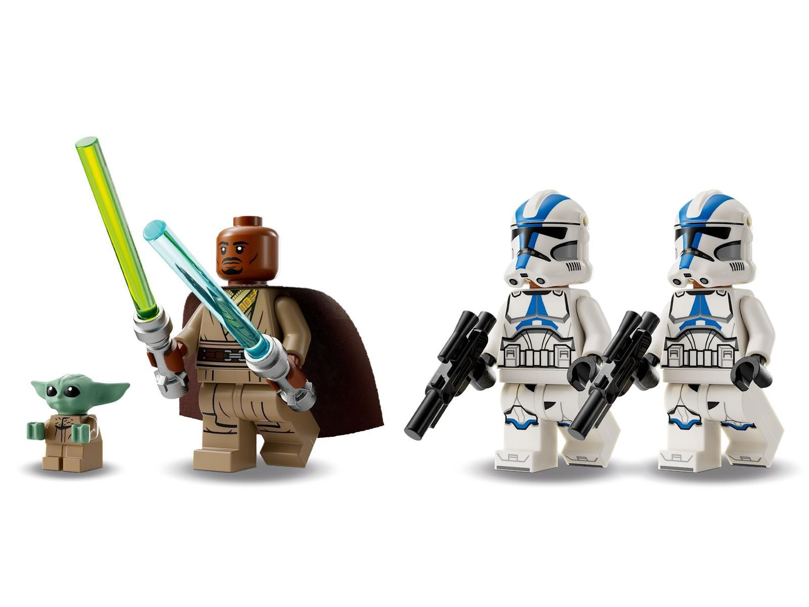 Lego Star Wars Minifiguren mit Yoda, Mace Windu mit zwei Lichtschwertern und zwei Klonkriegern.