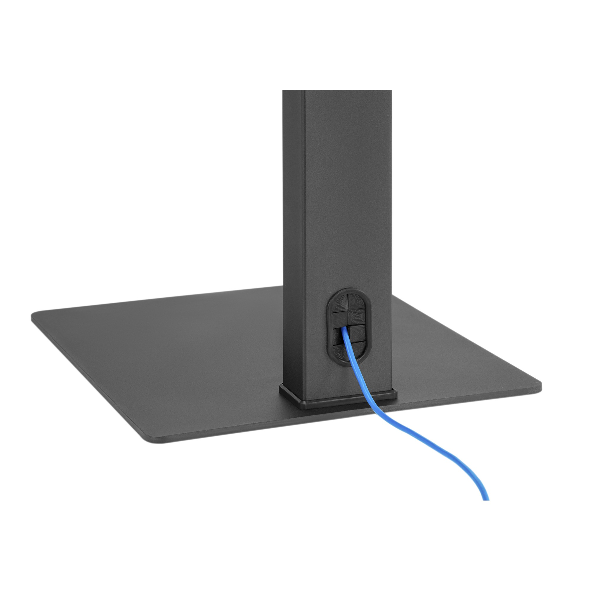 Ein grauer Standfuss mit einer vertikalen Saeule und einem blauen Kabel, das unten herausfuehrt.