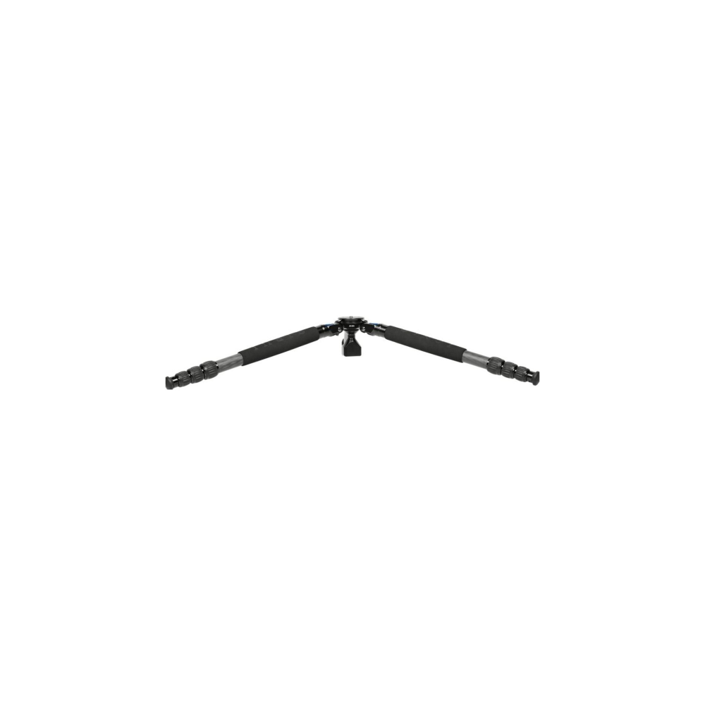 A black camera tripod with retracted legs on a white background.