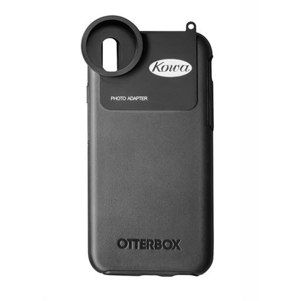 Schwarze Otterbox Handyhülle mit Kowa Fotoadapteraufsatz und Logo.