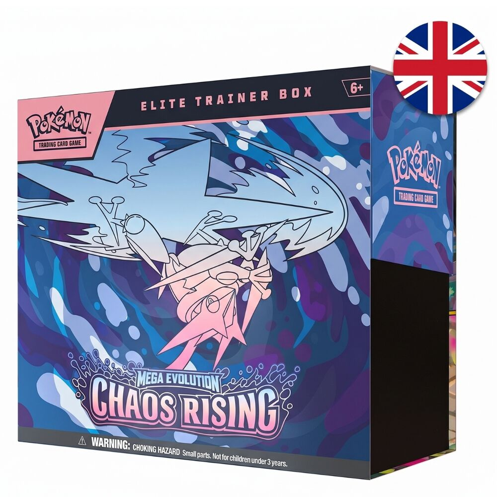 Pokémon Elite Trainer Box Chaos Rising mit blauen und rosafarbenen Illustrationen und britischer Flagge.