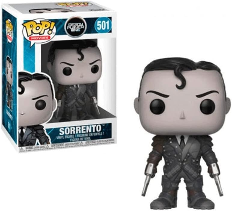 Funko Pop Sorrento Vinyl-Figur mit zwei silbernen Waffen neben der Produktverpackung.