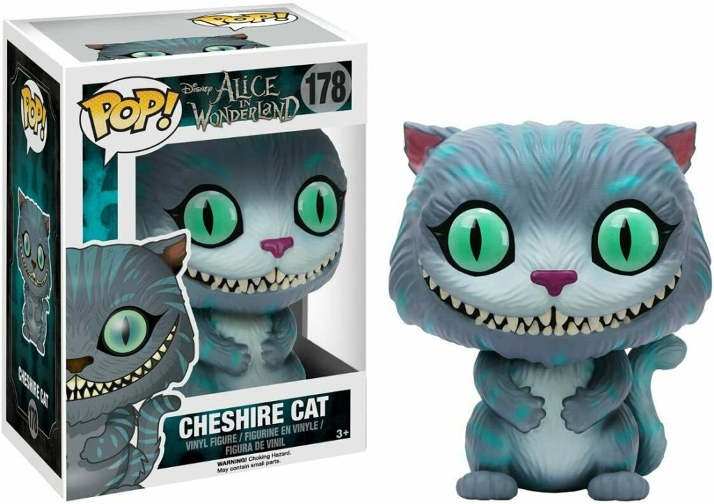Figurka winylowa Funko Pop Cheshire Cat z Alicji w Krainie Czarów, z niebieskimi paskami i zielonymi oczami.