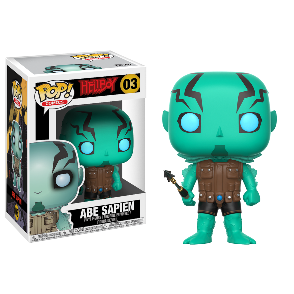 Abe Sapien Funko Pop Figur mit Verpackung, grün, hält einen Speer.