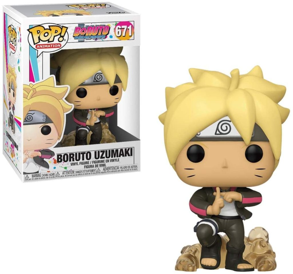 Boruto Uzumaki Funko Pop Vinyl-Figur neben ihrer verzierten Schachtel mit klarem Charakterbild.