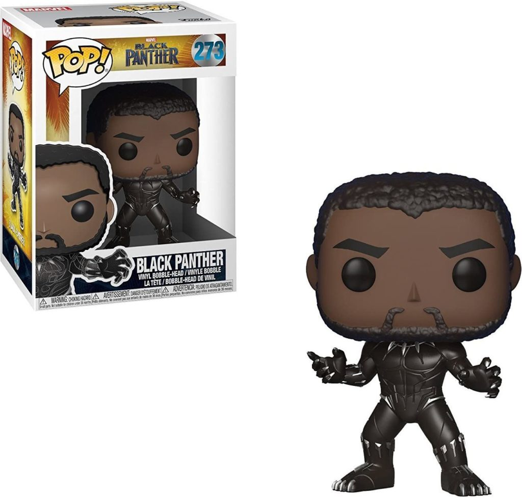 Una figura de vinilo Funko Pop de Black Panther junto a su caja en un fondo blanco.