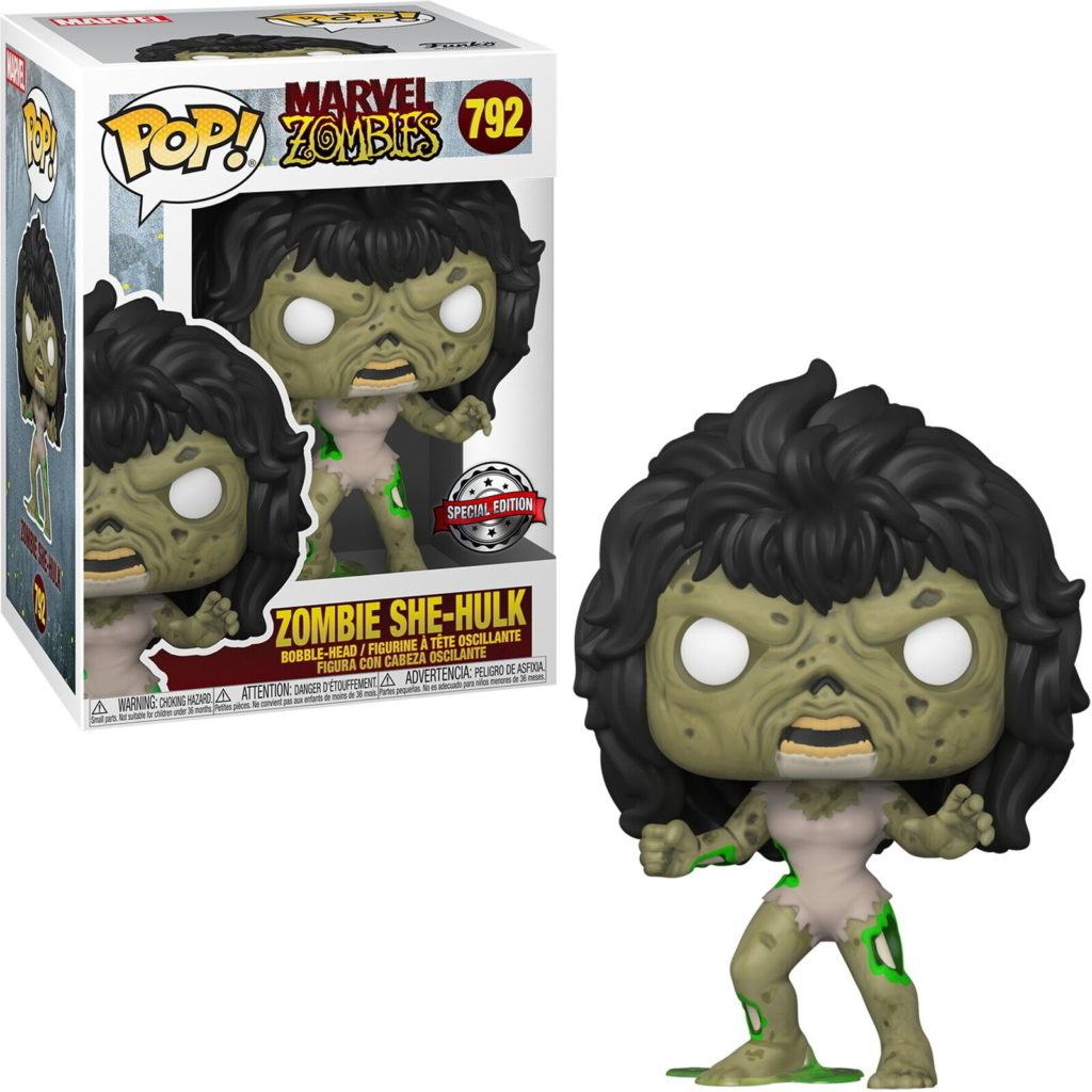 Zombie She-Hulk Funko Pop Vinyl-Figur steht neben ihrer illustrierten Verpackung.