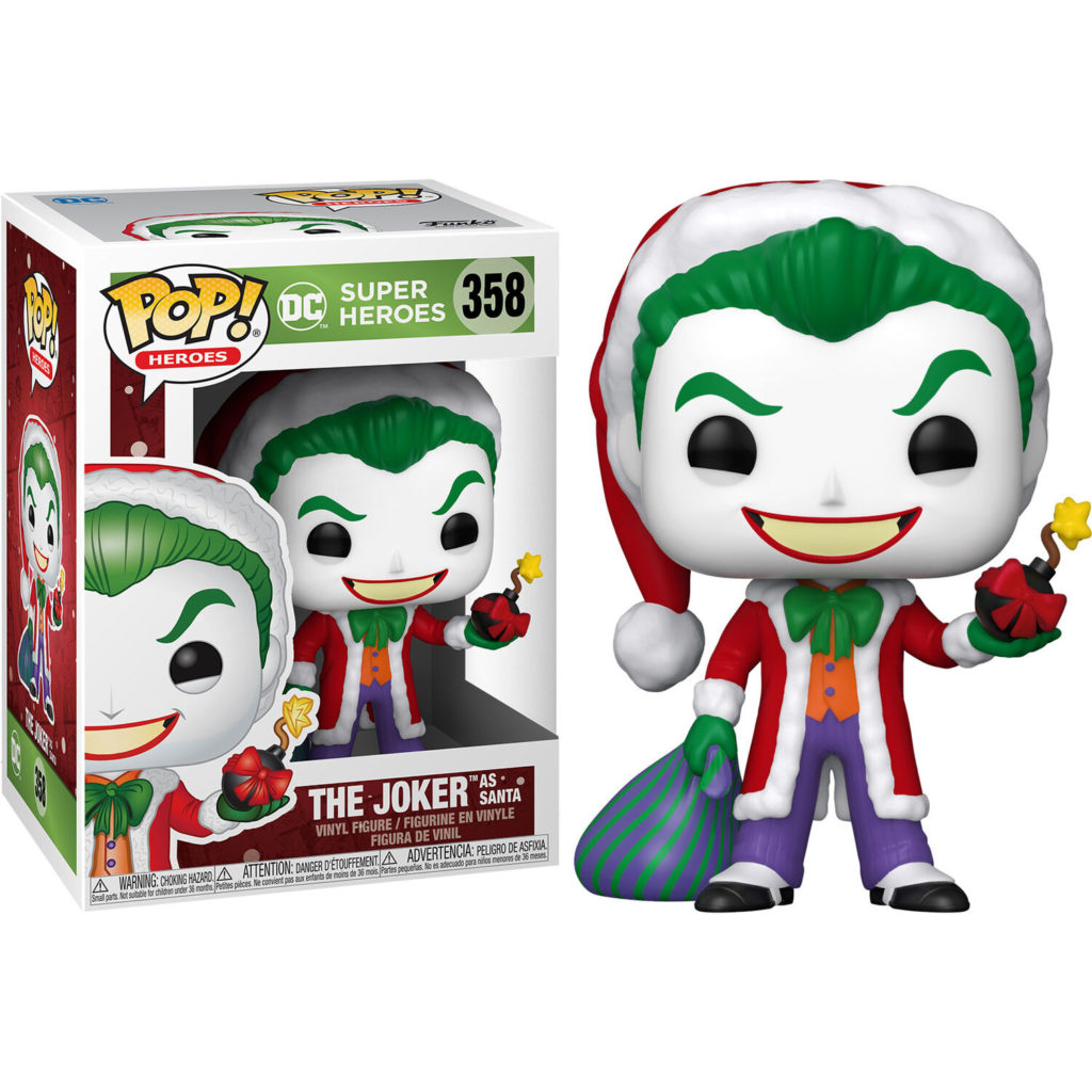 Funko Pop Figur des Jokers als Weihnachtsmann mit einer Bombe und einem Sack, neben seiner Verpackung.