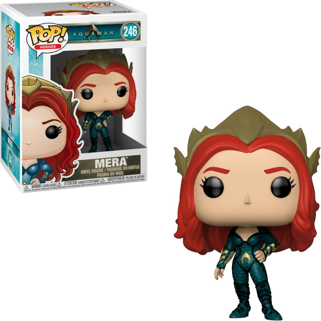 Funko-Pop-Figur von Mera aus Aquaman mit roten Haaren, grünem Anzug und Krone, neben ihrer Schachtel.