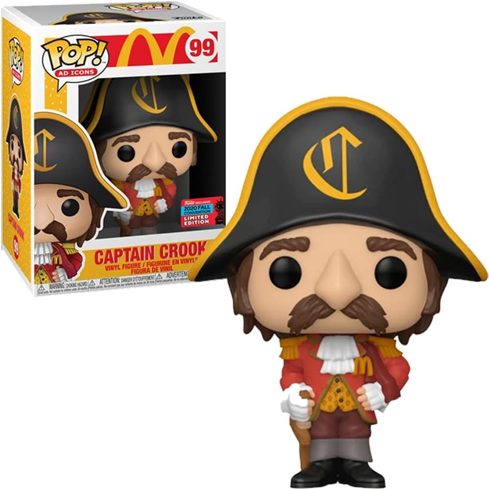 Captain Crook Funko Pop Figur mit Hut, Schnurrbart und rotem Mantel, daneben die Verpackung.