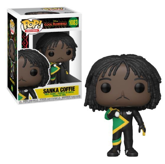 Sanka Coffie Pop! Vinyl-Figur in schwarz-grün-gelbem Bob-Schlitten-Anzug mit Dreads neben der Verpackung.