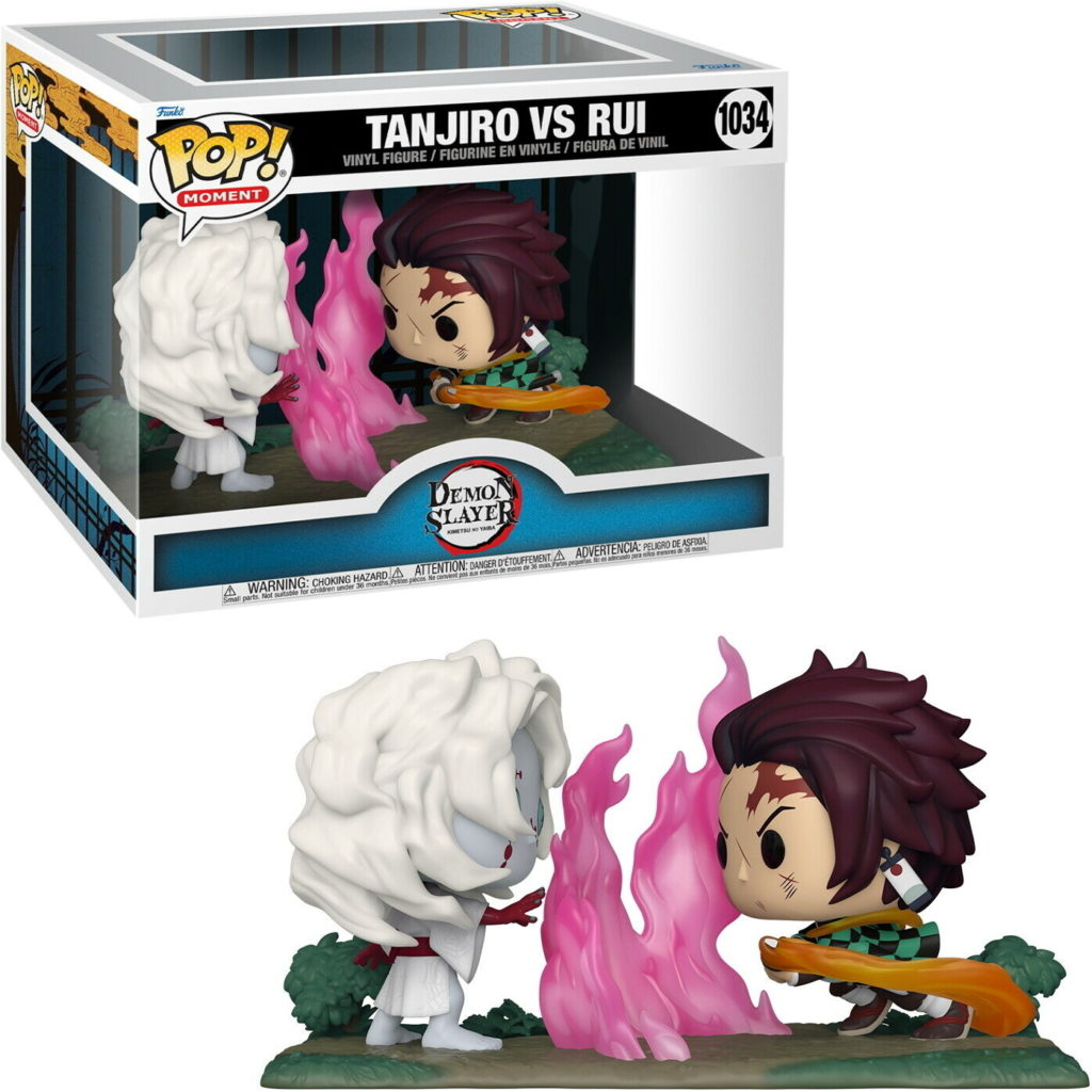 Funko Pop Figur von Tanjiro gegen Rui aus Demon Slayer, mit rosa Flammeneffekt und Box.