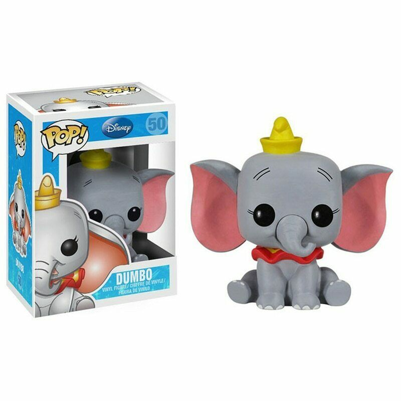 Eine Dumbo Funko Pop Vinyl Figur sitzt neben ihrer Verpackung mit blauen Details und Disney Logo.