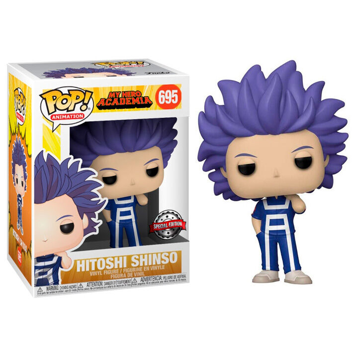 Funko Pop Figur von Hitoshi Shinso aus My Hero Academia mit violettem Haar und blauem Trainingsanzug, neben der Originalverpackung.