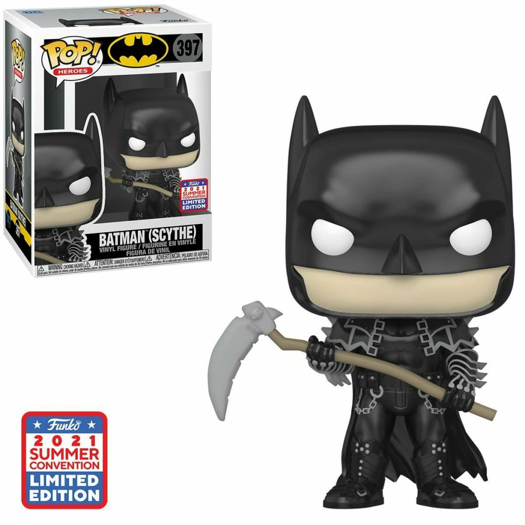 Batman-Scythe-Funko-Pop-Figur in schwarzer Rüstung mit Sichel und passender Verpackung.