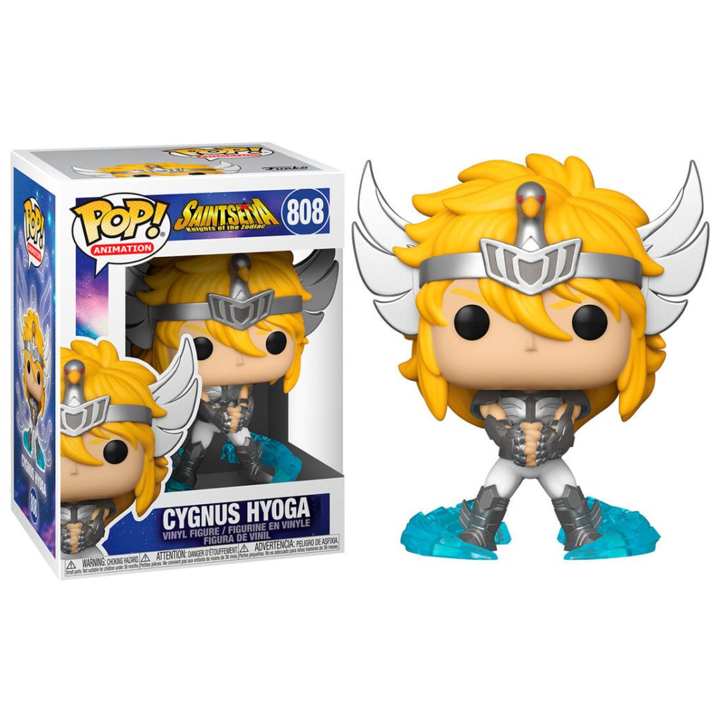 Figura Funko Pop de Cygnus Hyoga con caja, pelo rubio, armadura y base de hielo azul.