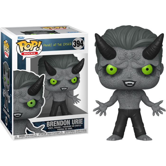 Figura de vinilo Pop! de Brendon Urie con cuernos, ojos verdes y colmillos, junto a su caja.