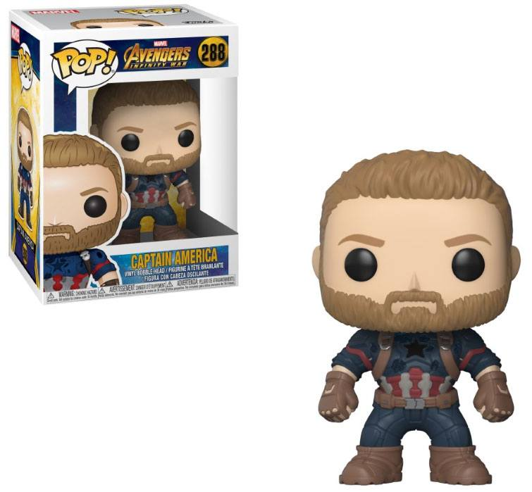 Una figura Funko Pop de Capitán América de Infinity War junto a su caja con detalles azules y amarillos.