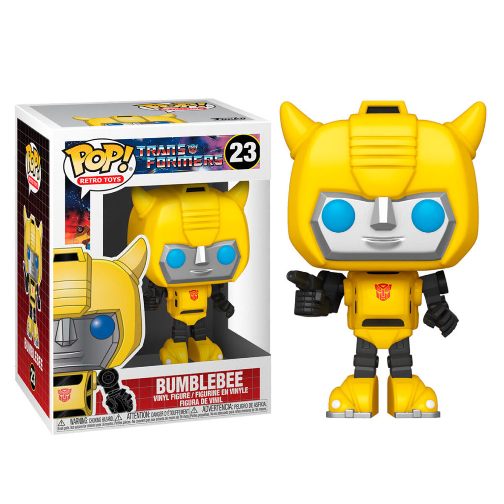 Bumblebee Pop! Vinyl-Figur in Gelb und Schwarz steht neben ihrer passenden Sammlerbox.