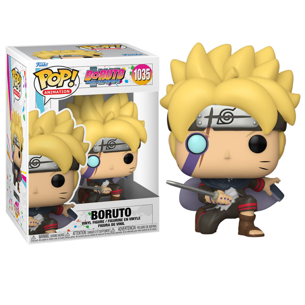 Action figure in vinile Funko Pop di Boruto con capelli biondi, fascia e spada vicino alla scatola.