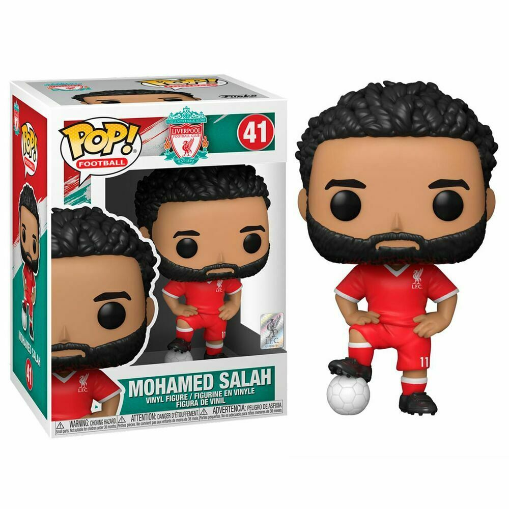 Figurine en vinyle Pop! de Mohamed Salah en tenue de Liverpool avec un ballon, à côté de sa boîte.