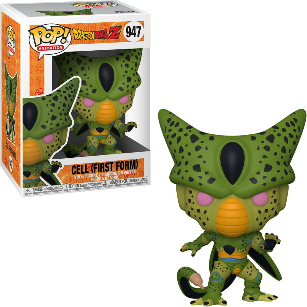 Una figura de vinilo Funko Pop de Cell de Dragon Ball Z en su primera forma, junto a su caja.
