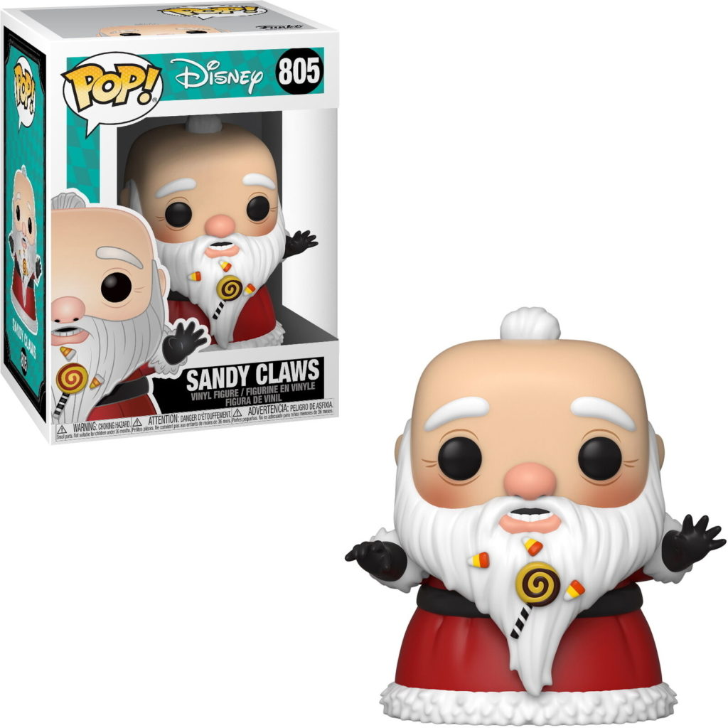 Funko Pop Figur von Sandy Claws mit weißem Bart, rotem Anzug und Süßigkeiten in seiner Verpackung.