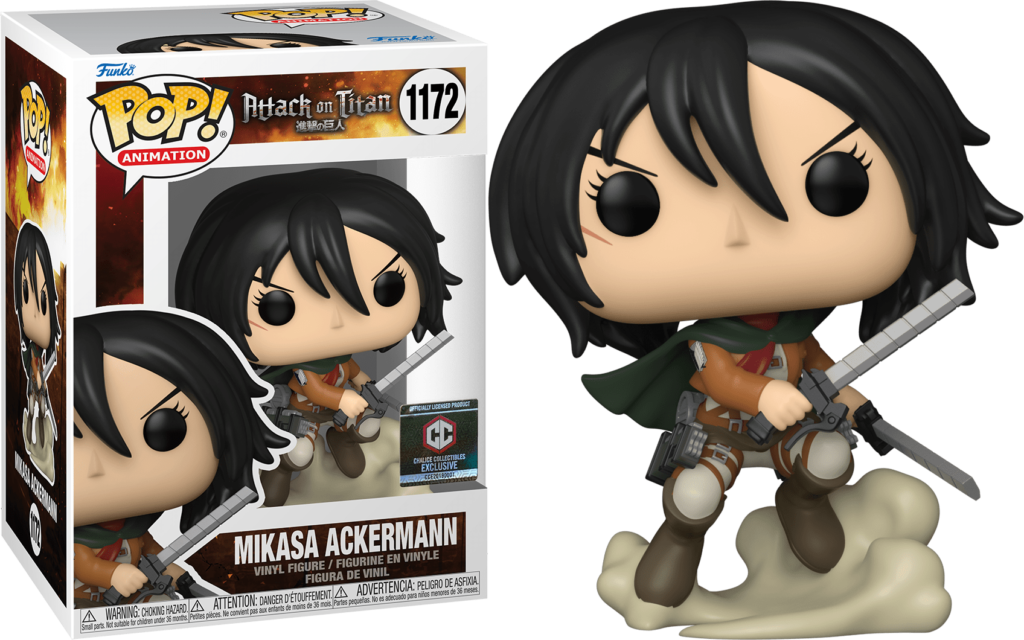 Mikasa Ackermann Pop! Vinyl-Figur mit Klingen, stehend auf einer Staubwolke, neben der Originalverpackung.