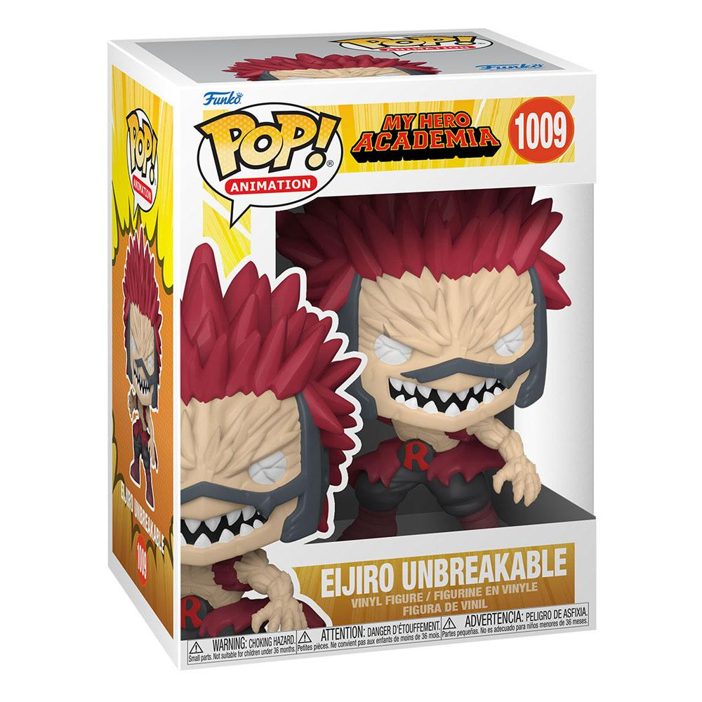 Eine Funko Pop Figur von Eijiro Unbreakable aus My Hero Academia in ihrer Verpackung.