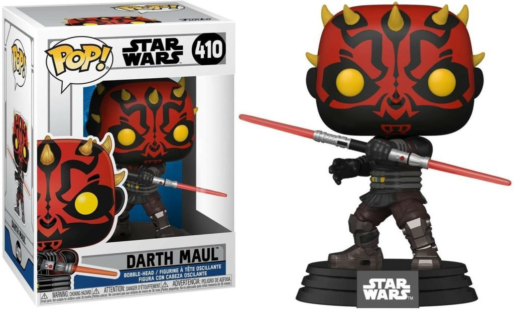 Darth Maul Funko Pop Figur mit rotem Doppellichtschwert vor der Originalverpackung.