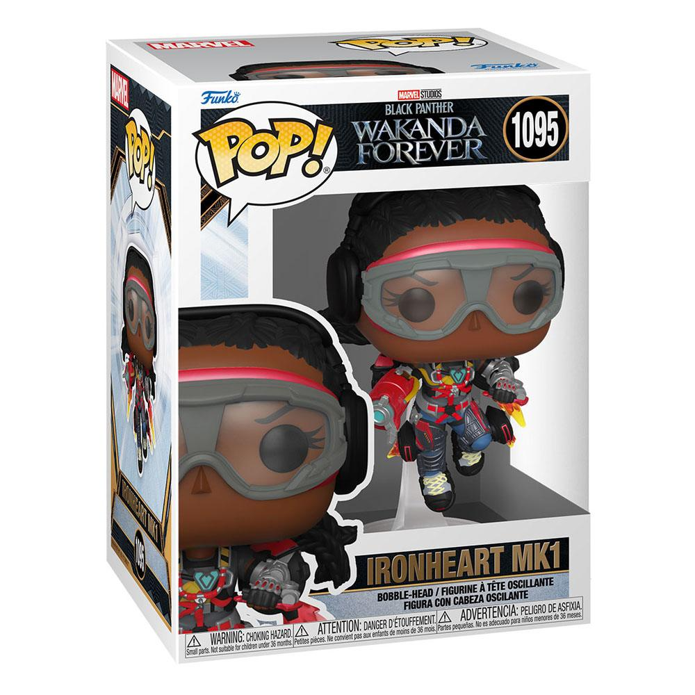 Eine Funko Pop Box mit einer Ironheart MK1 Figur aus Wakanda Forever, die den Charakter im Anzug zeigt.