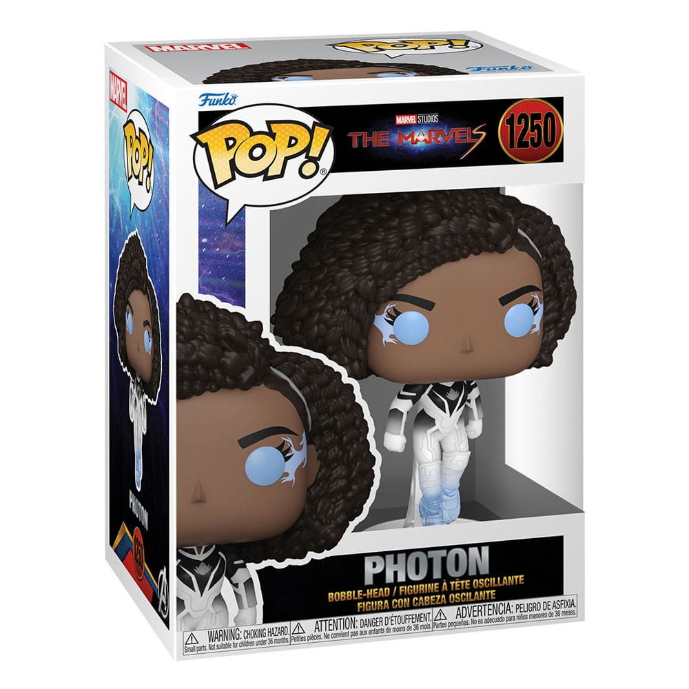 Photon Funko Pop Vinyl-Figur in Box mit weiß-schwarzem Anzug und leuchtend blauen Augen.