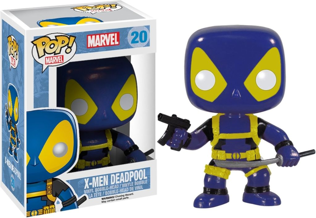 X-Men Deadpool Funko Pop Figur in blau-gelbem Anzug mit Waffe in der Box.