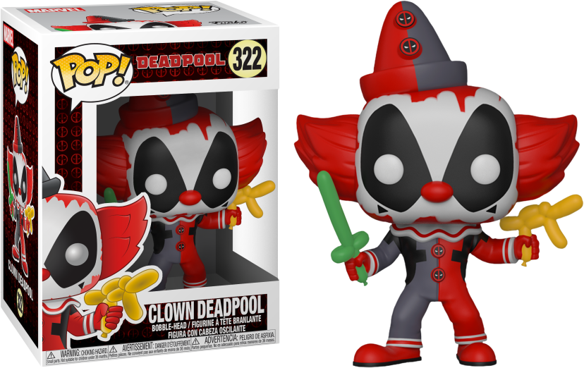 Figura Funko Pop Clown Deadpool rosso e grigio con spada e palloncino.