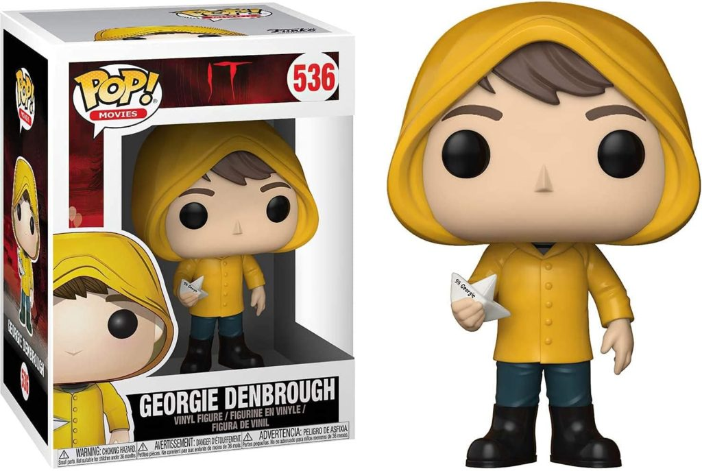 Georgie Denbrough Funko Pop Figur mit gelbem Regenmantel und Papierboot, in Originalverpackung.