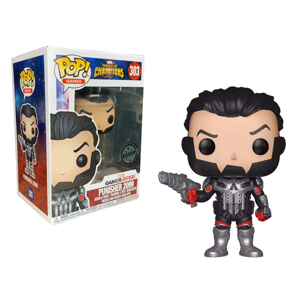 Punisher 2099 Pop-Figur in schwarz-silberner Rüstung mit Waffe neben der passenden Verpackung.