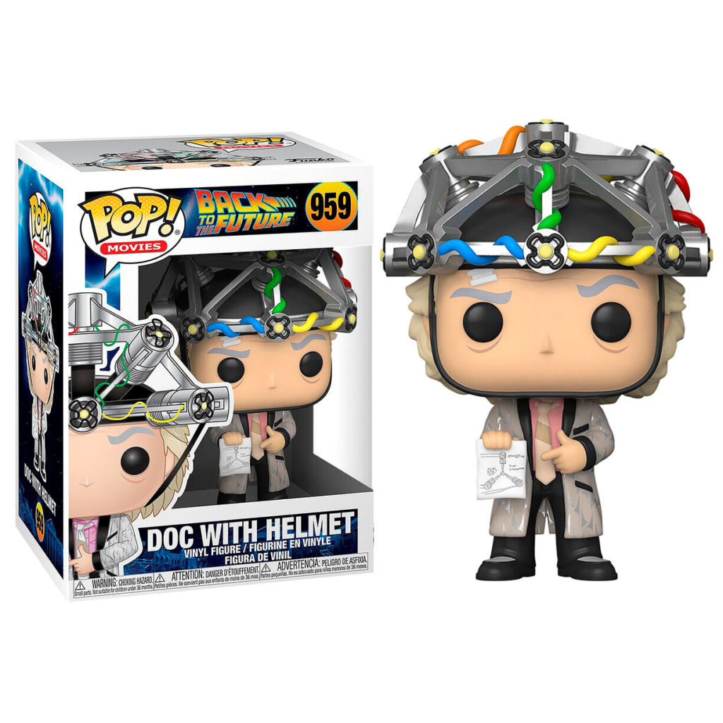 Figura Funko Pop di Doc Brown con elmetto metallico e progetto, accanto alla confezione.