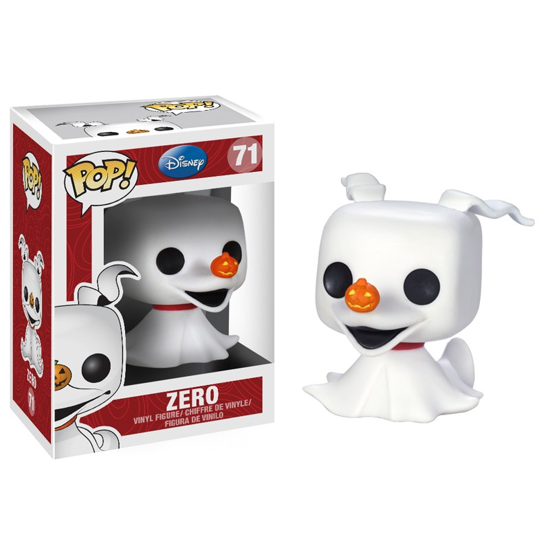 Figura in vinile Pop di Zero da Nightmare Before Christmas con scatola, fantasma bianco con naso a zucca.
