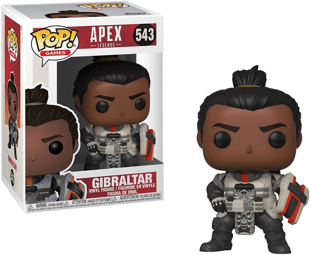 Figurka Funko Pop Gibraltar z Apex Legends obok pudełka.