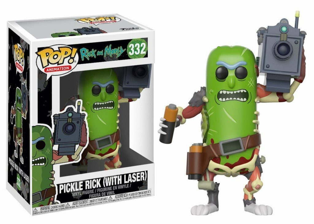 Figurine en vinyle Funko Pop de Pickle Rick avec laser et pile à côté de sa boîte.