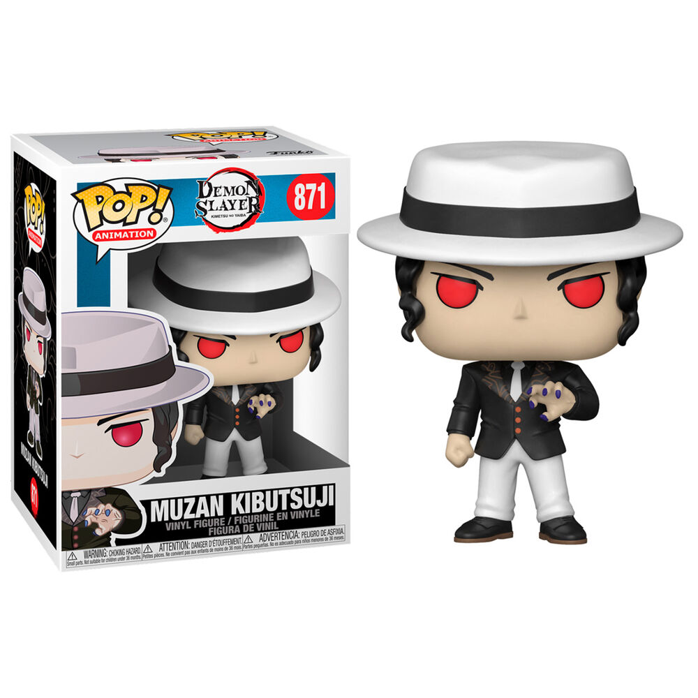 Muzan Kibutsuji Funko Pop Vinylfigur in weißem Hut, schwarzem Anzug und roten Augen mit seiner Verpackung.