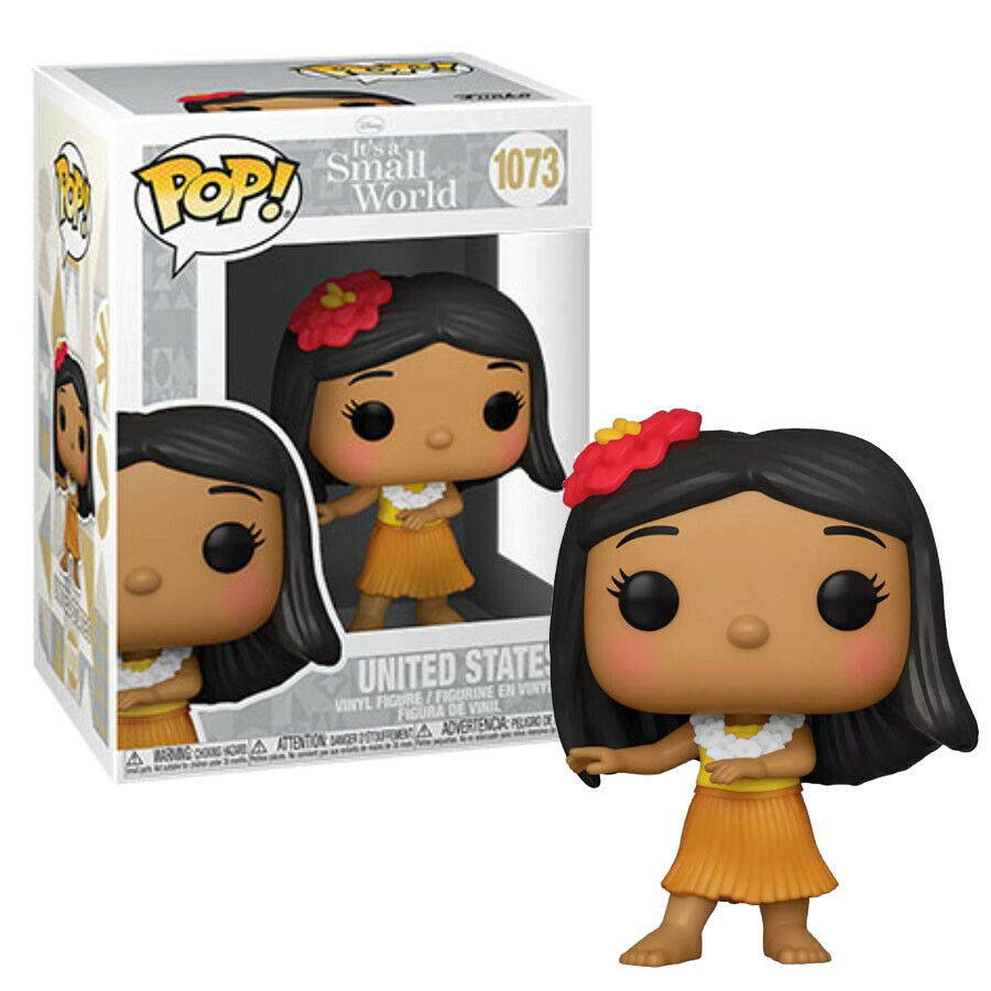 Funko Pop Figur eines Mädchens aus It's a Small World mit Blume im Haar und Hula-Rock vor der Verpackung.