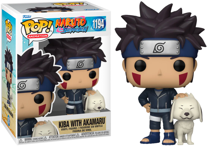 Figura Funko Pop de Kiba con Akamaru de Naruto Shippuden, en caja y fuera.