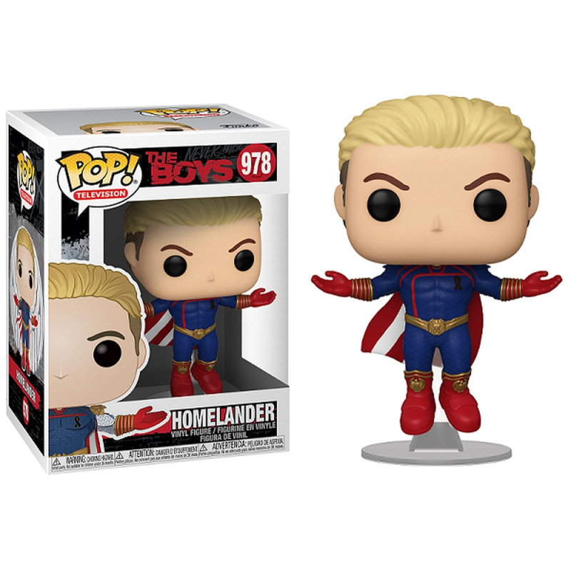 Homelander Funko-Pop-Figur neben ihrer Verpackung, im blau-rot-goldenen Anzug.