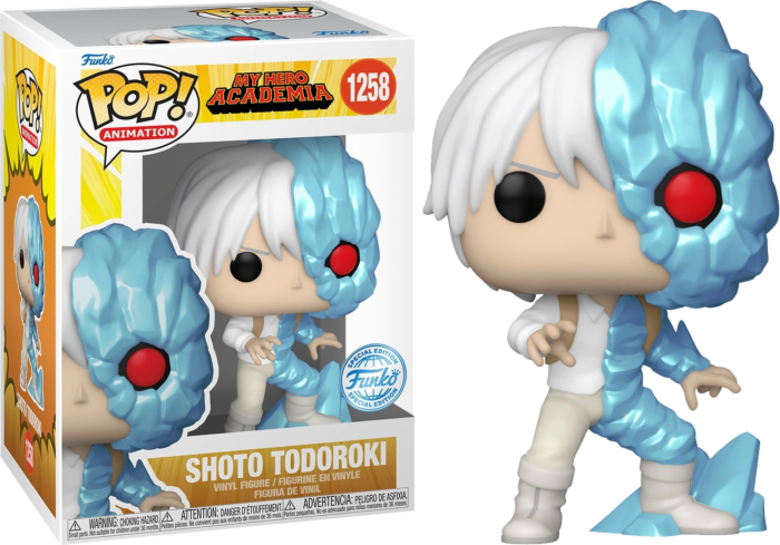 Funko Pop Shoto Todoroki Vinyl-Figur in Box, halb in blaues Eis gehüllt mit rotem Auge.