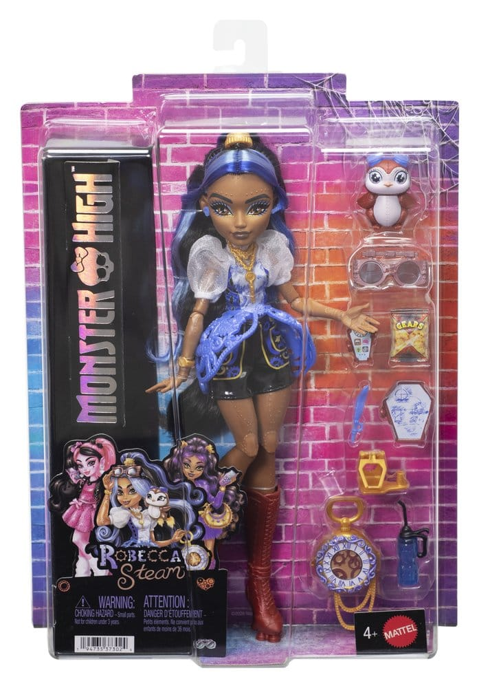 Muñeca Monster High Robeeca Steam en su empaque original con accesorios frente a una pared de ladrillos.