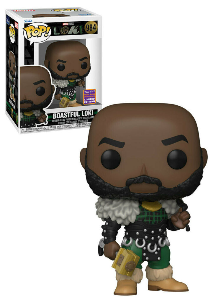 Figura Funko Pop di Loki vanaglorioso con barba, abito verde e martello davanti alla scatola.